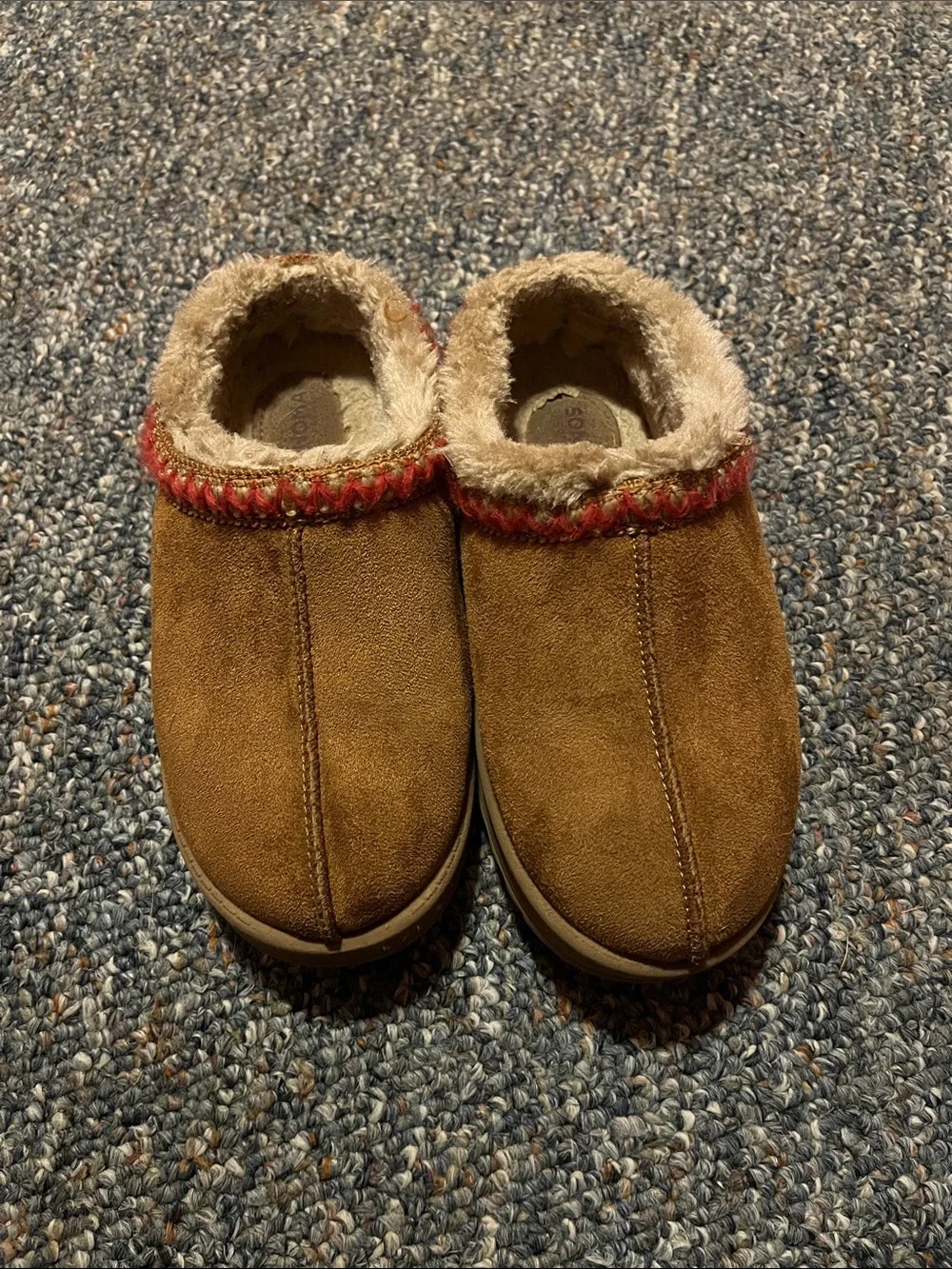 Sonoma Brown Faux Fur-Lined Kids Moccasin Slippers with Red Trim